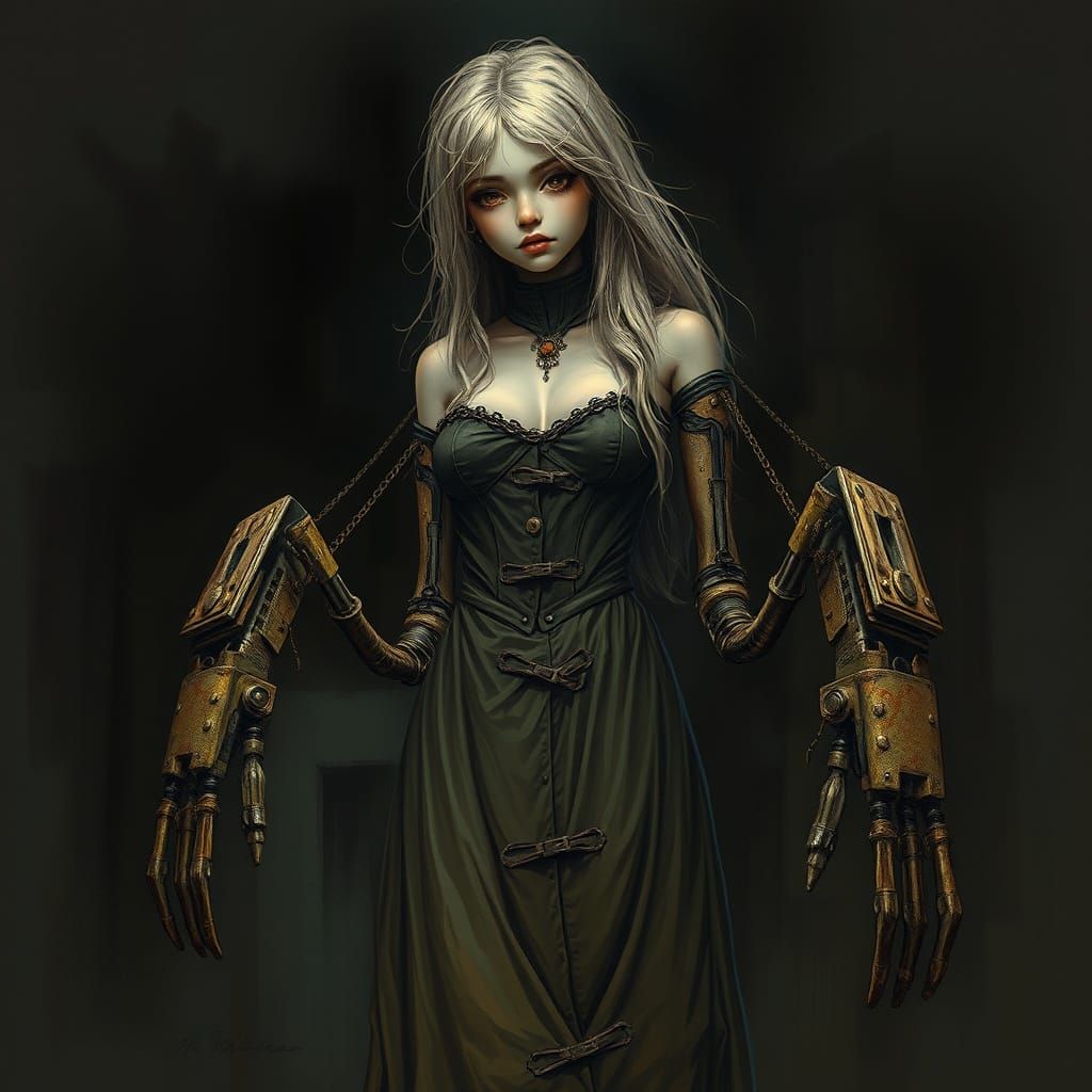 Girl with Mechanical Limbs in Dark Fantasy Style