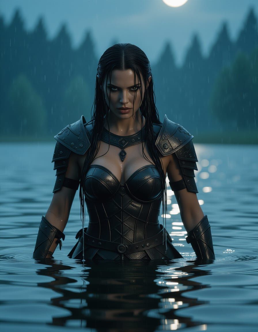 Brunette Warrior Emerges From Misty Lake at Night