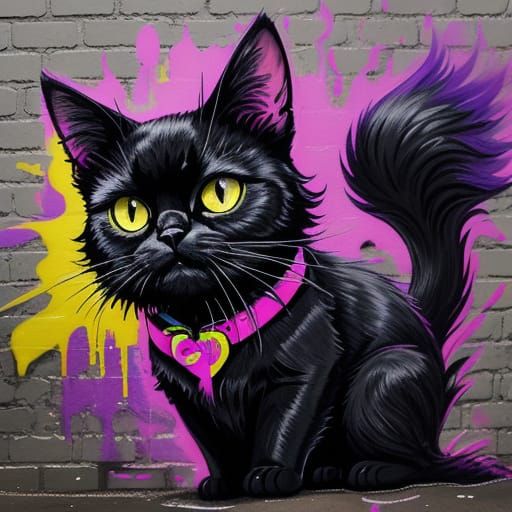 Graffiti Black Cat with Glowing Eyes on Brick Wall