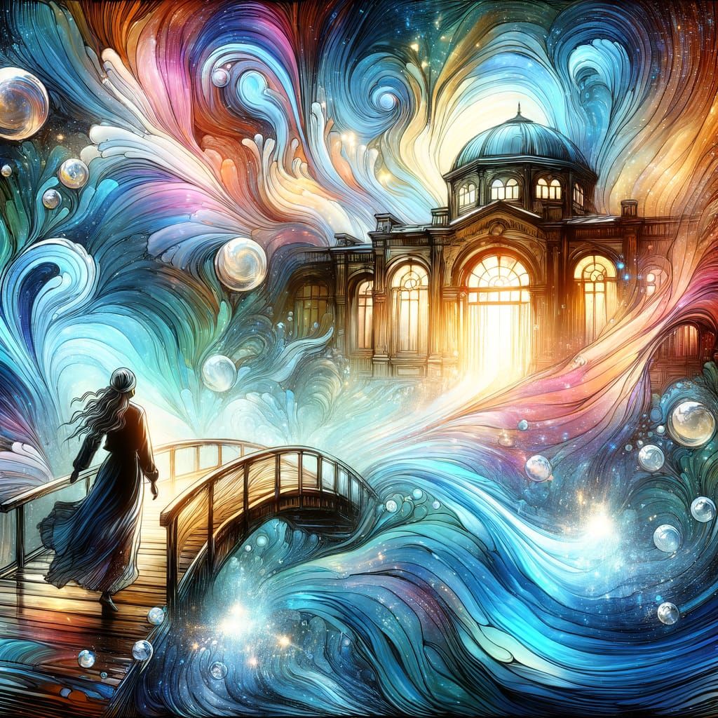 Young Woman Crosses Bridge to Antique Bathhouse in Alcohol I...