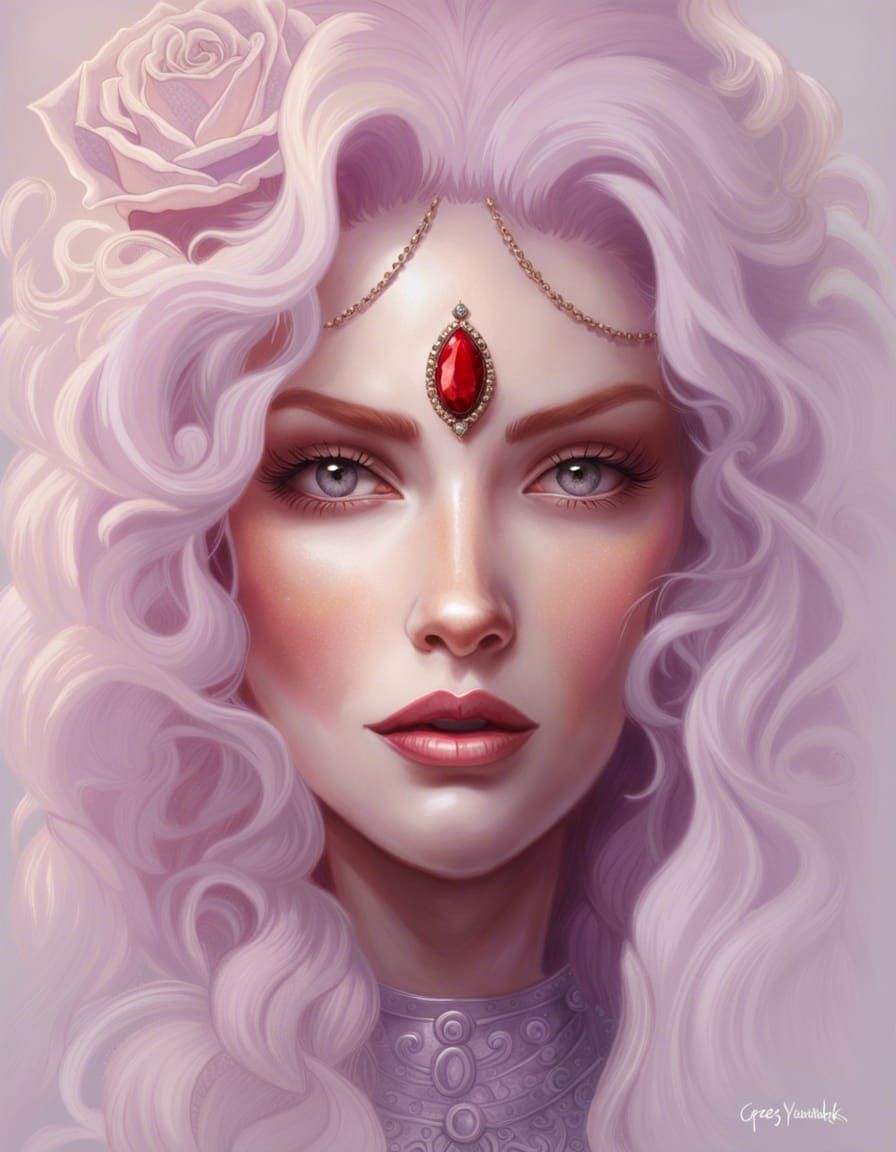 Red-Headed Goddess Portrait with Roses in Crayon Drawing Sty...