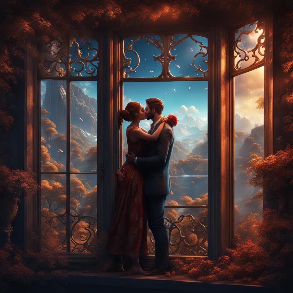 Passionate Kiss Through Window: Fantasy Matte Painting