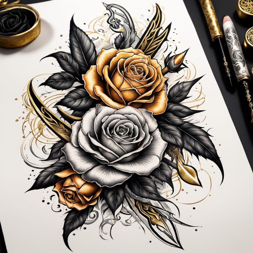 Rose and Dagger Tattoo Designs in Gouache Style