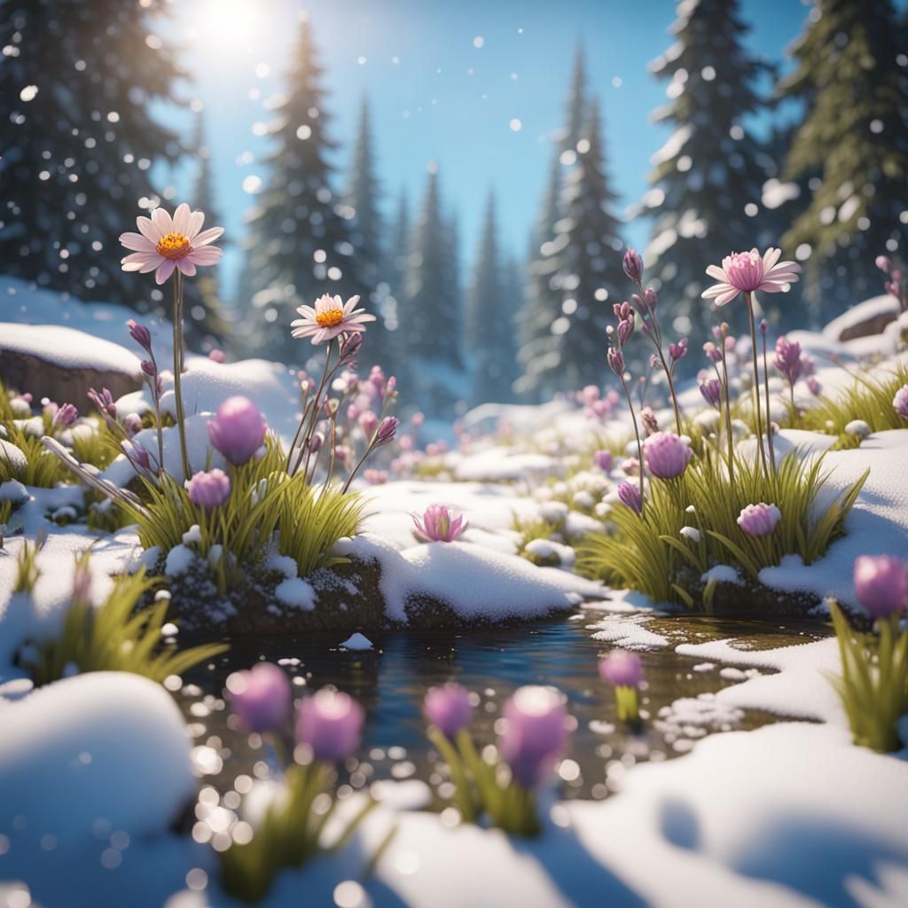 Spring Flowers Bloom as Snow Melts: 3D Render