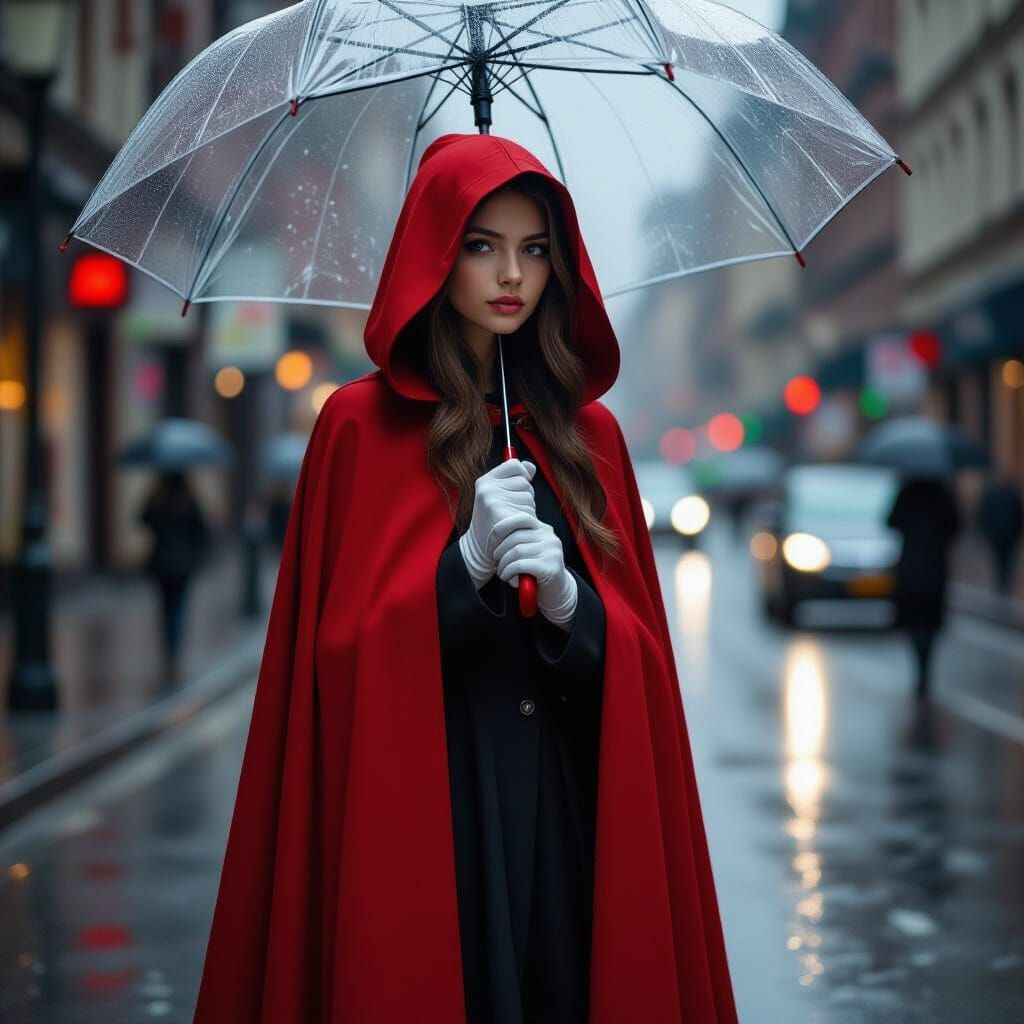 Girl in Scarlet Cloak Under Umbrella in Realistic Oil Painti...