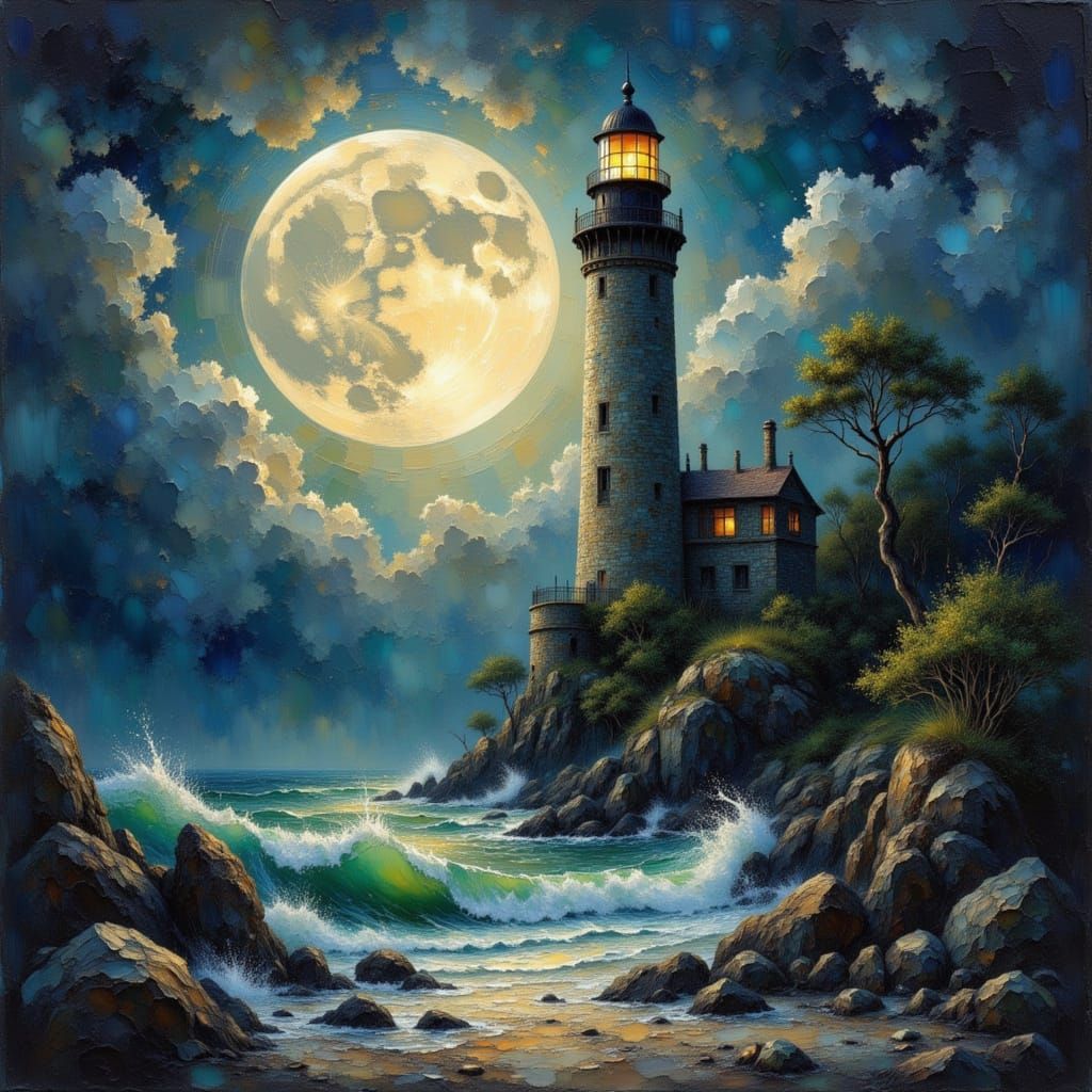 Lighthouse Under Moon in Dramatic Landscape