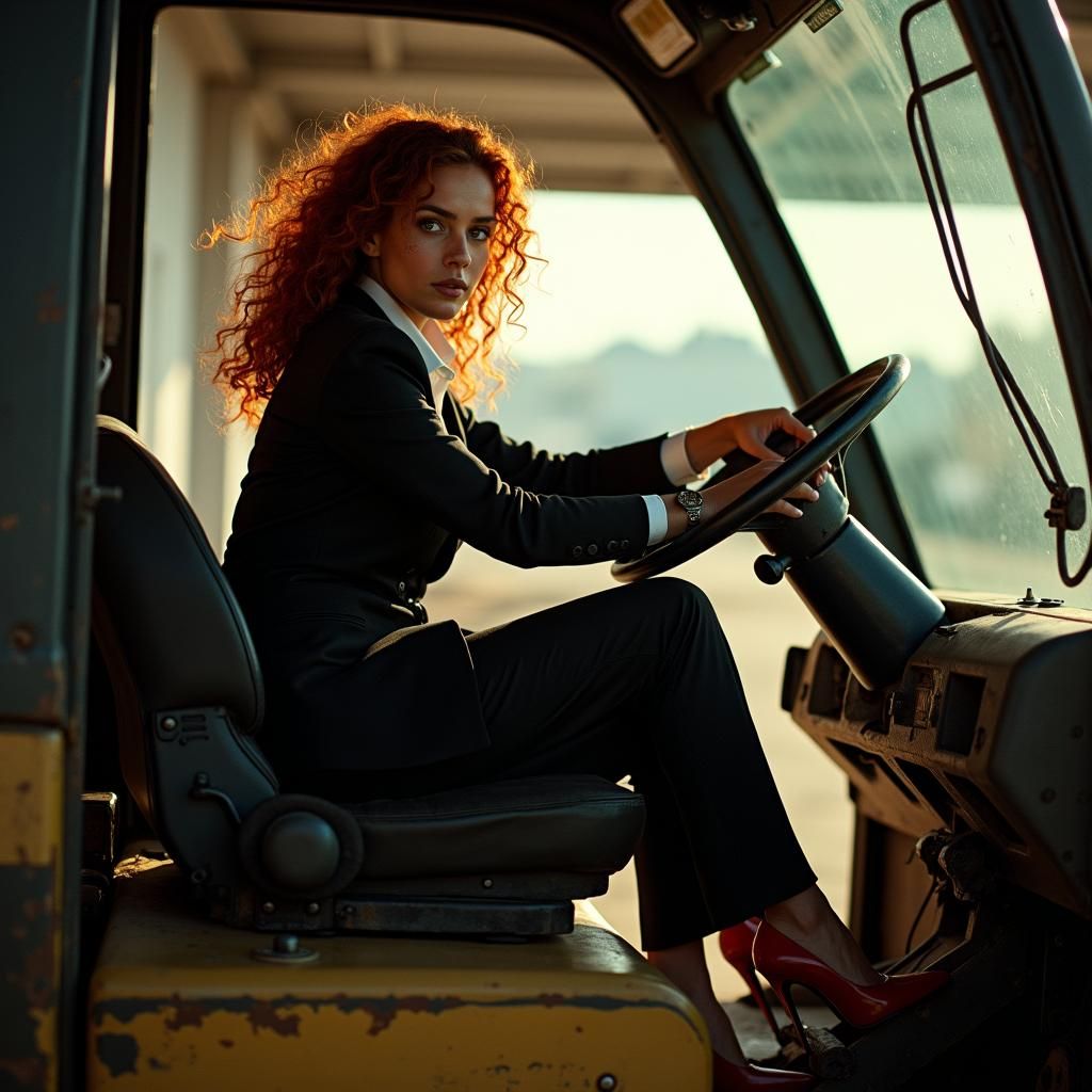 Fiery Woman Operates Forklift in Cinematic Lighting