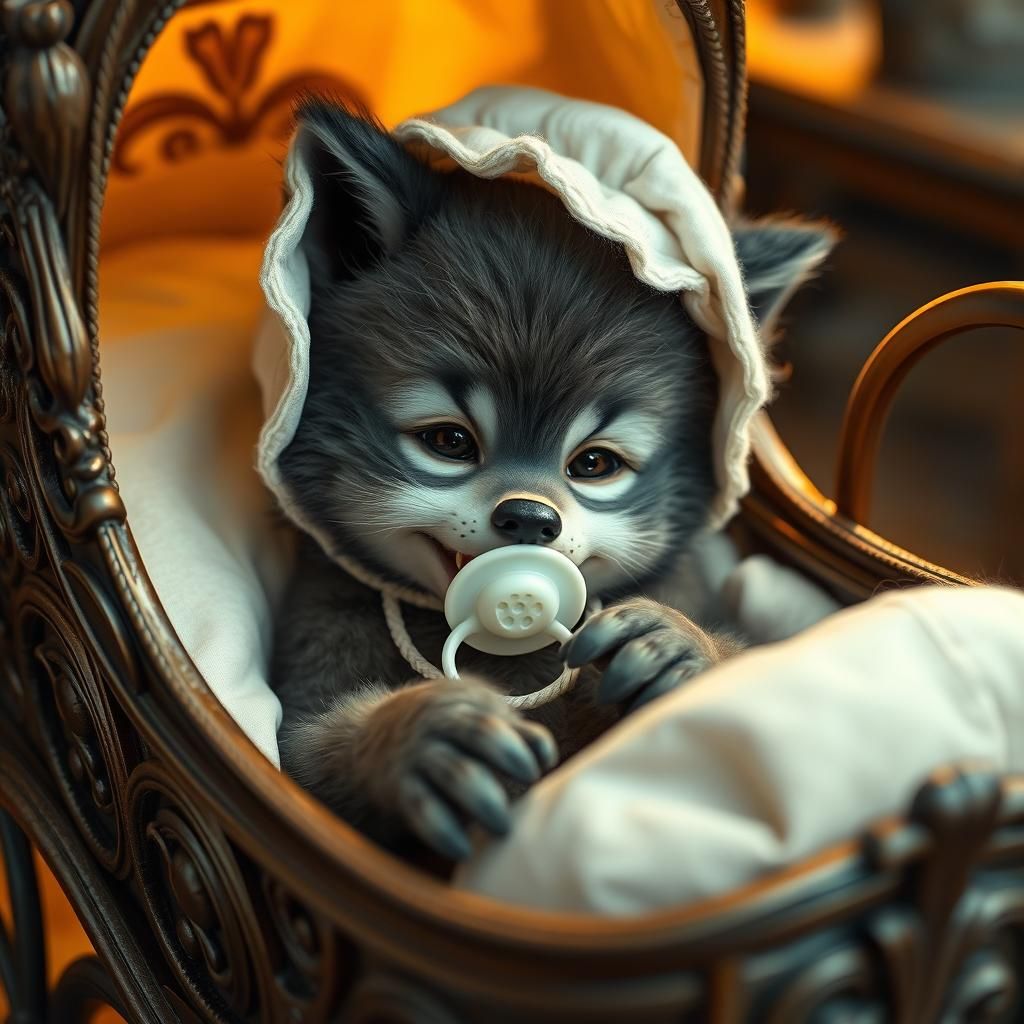 Adorable Baby Werewolf in Ornate Pram, Fantasy Art
