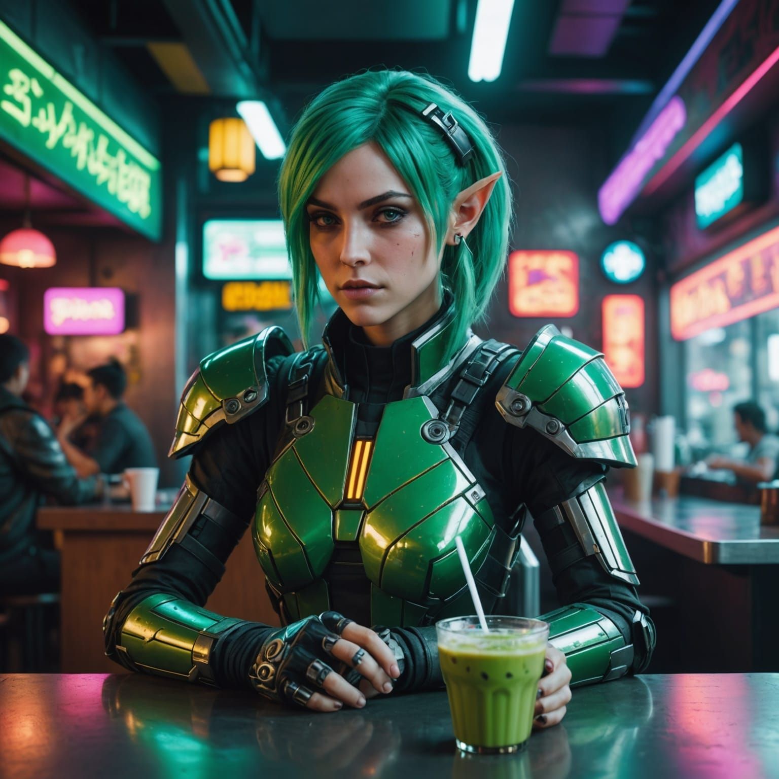 Cyberpunk Elf Enjoying Boba in Neon Cafe