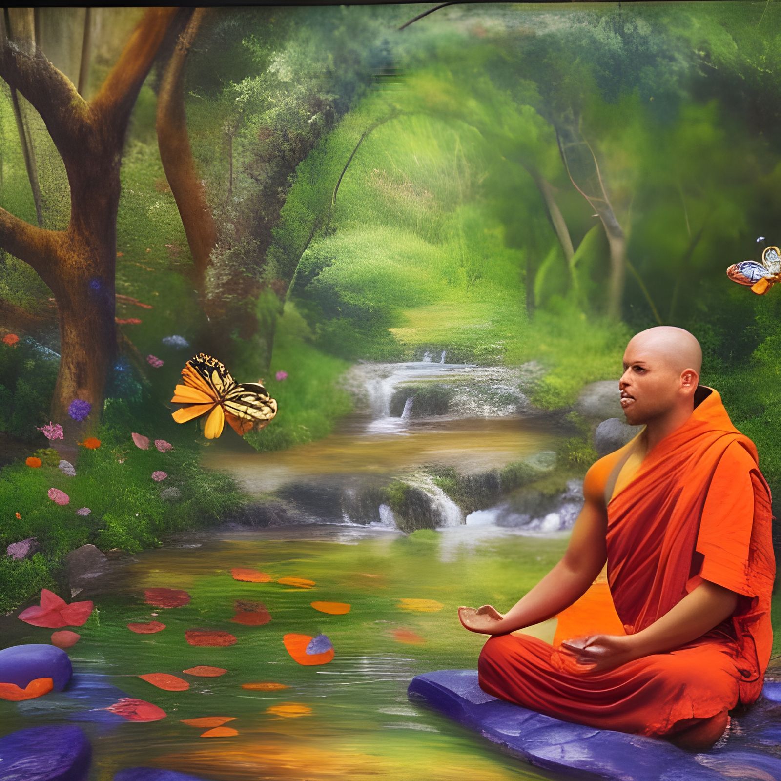 Meditating Monk with Butterflies in Expressionist Style