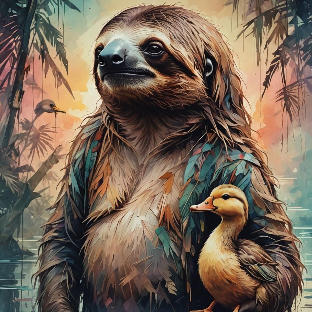 Sloth and Duck Sunset Illustration