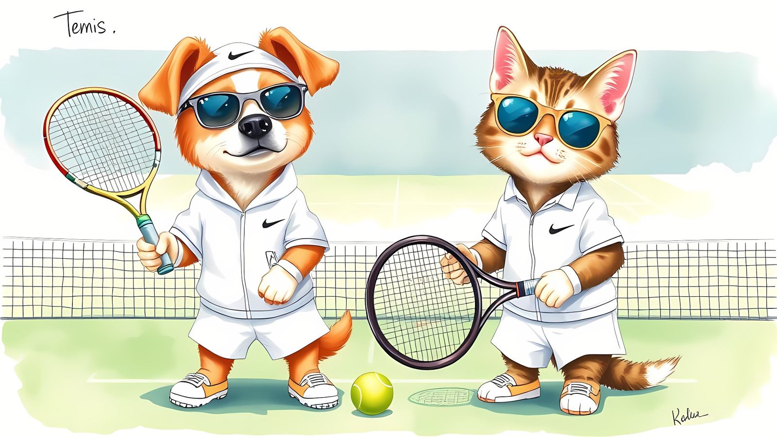 Pet Tennis Champions in Watercolor Style