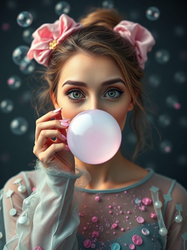 Magical Bubblegum Scene with Cute Girl