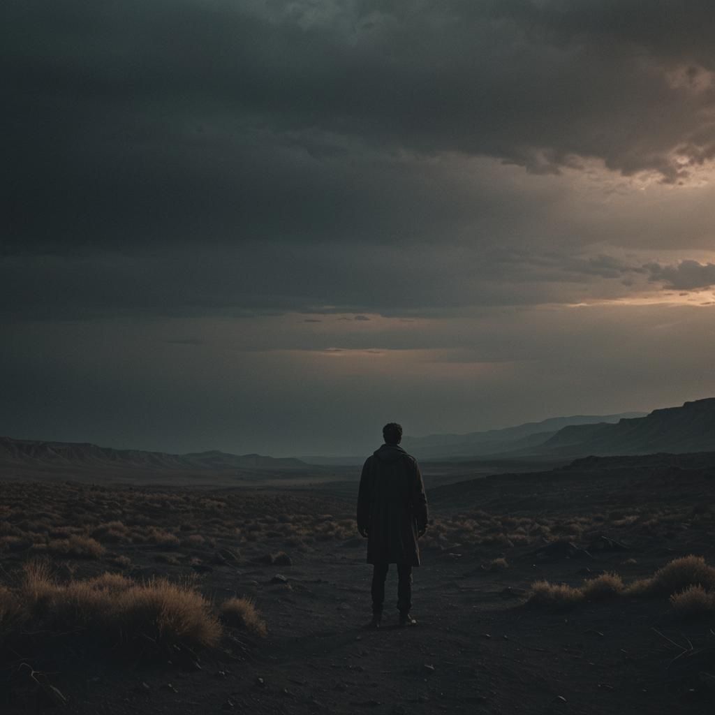 Dark Landscape with Lone Figure in Cinematic Style