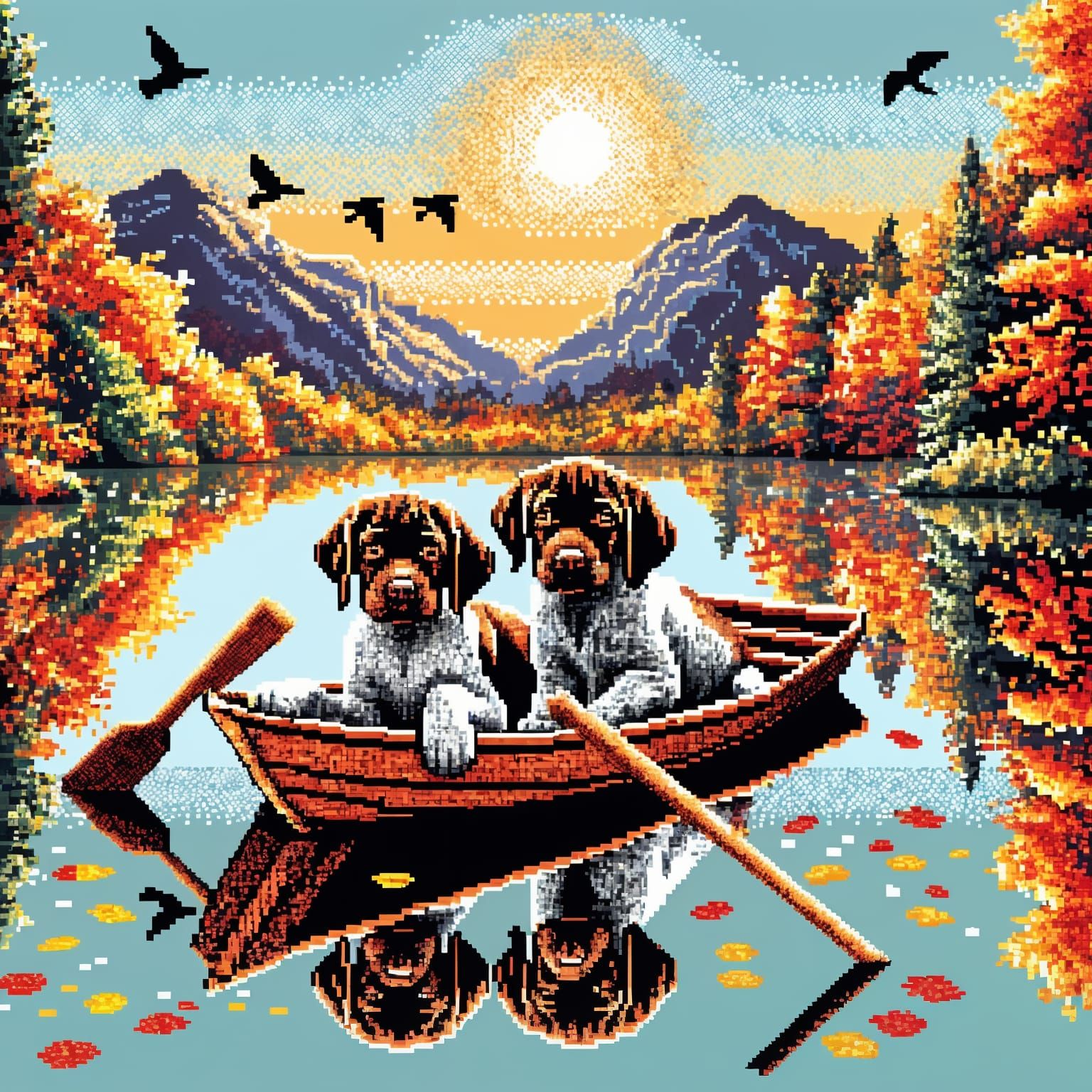 Pixel Art Puppies in Autumn Landscape