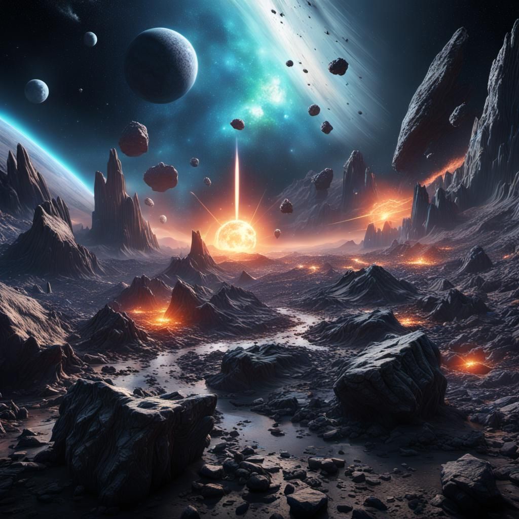 Intergalactic Asteroid Field in Detailed Matte Painting
