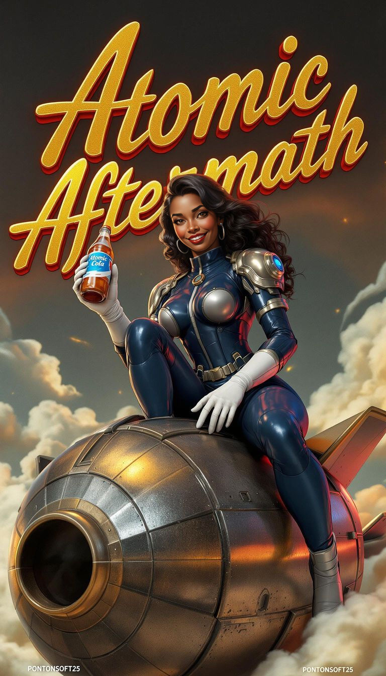 Sleek Space Goddess in Navy Armor, Holding Atomic Cola