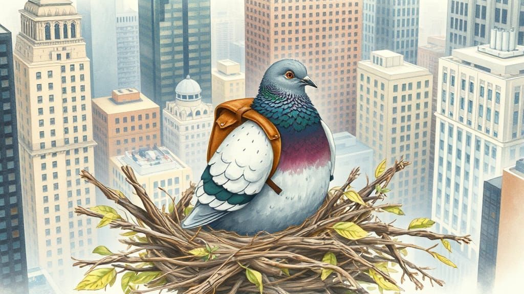 Giant Pigeon Nesting in Metropolis, Watercolor Style