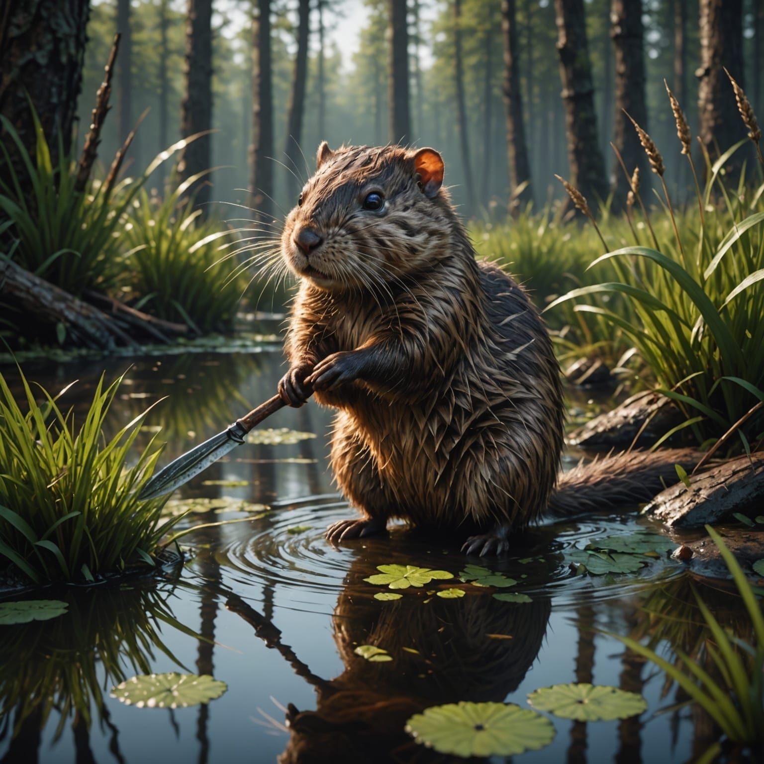 Muskrat in a Vibrant Swamp Wonderland