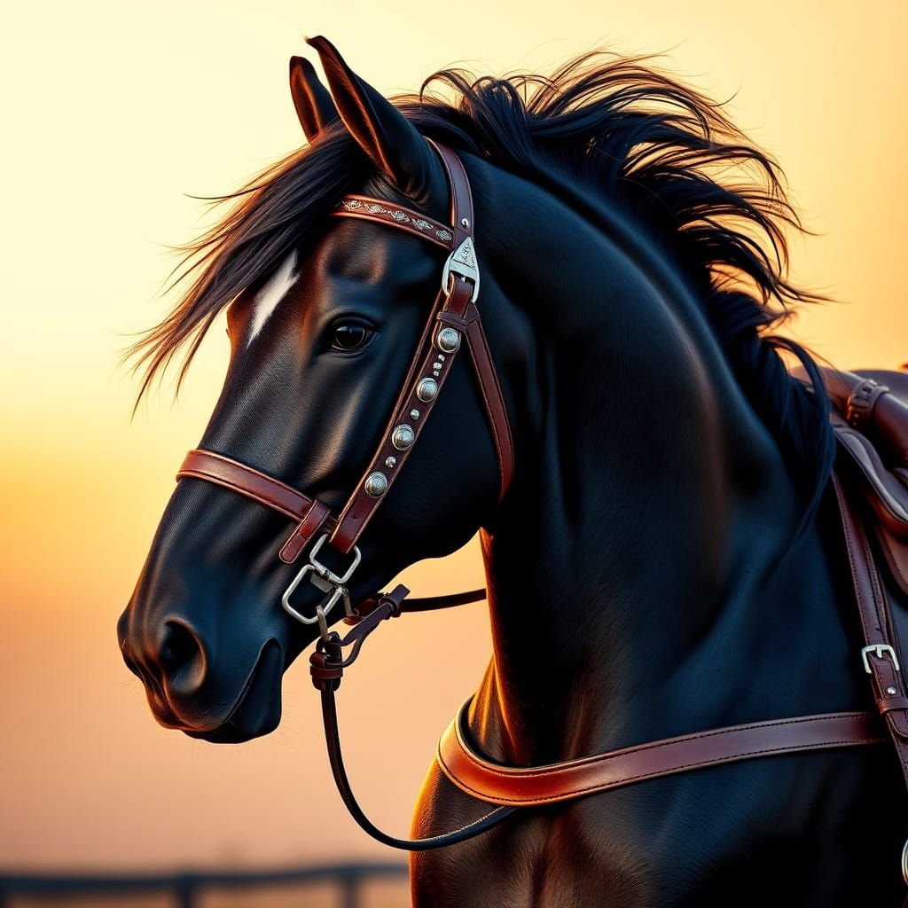Majestic One-Headed Black Horse in Hyper-Realistic Style
