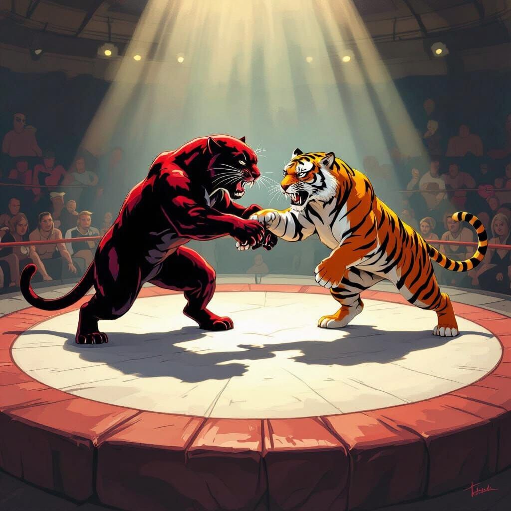 Crimson Panther and Orange Tiger Wrestling in Dramatic Light