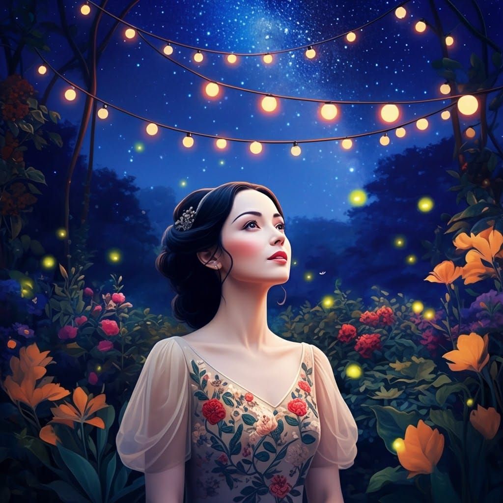 Ethereal Woman Gazing at Stars in Lush Garden