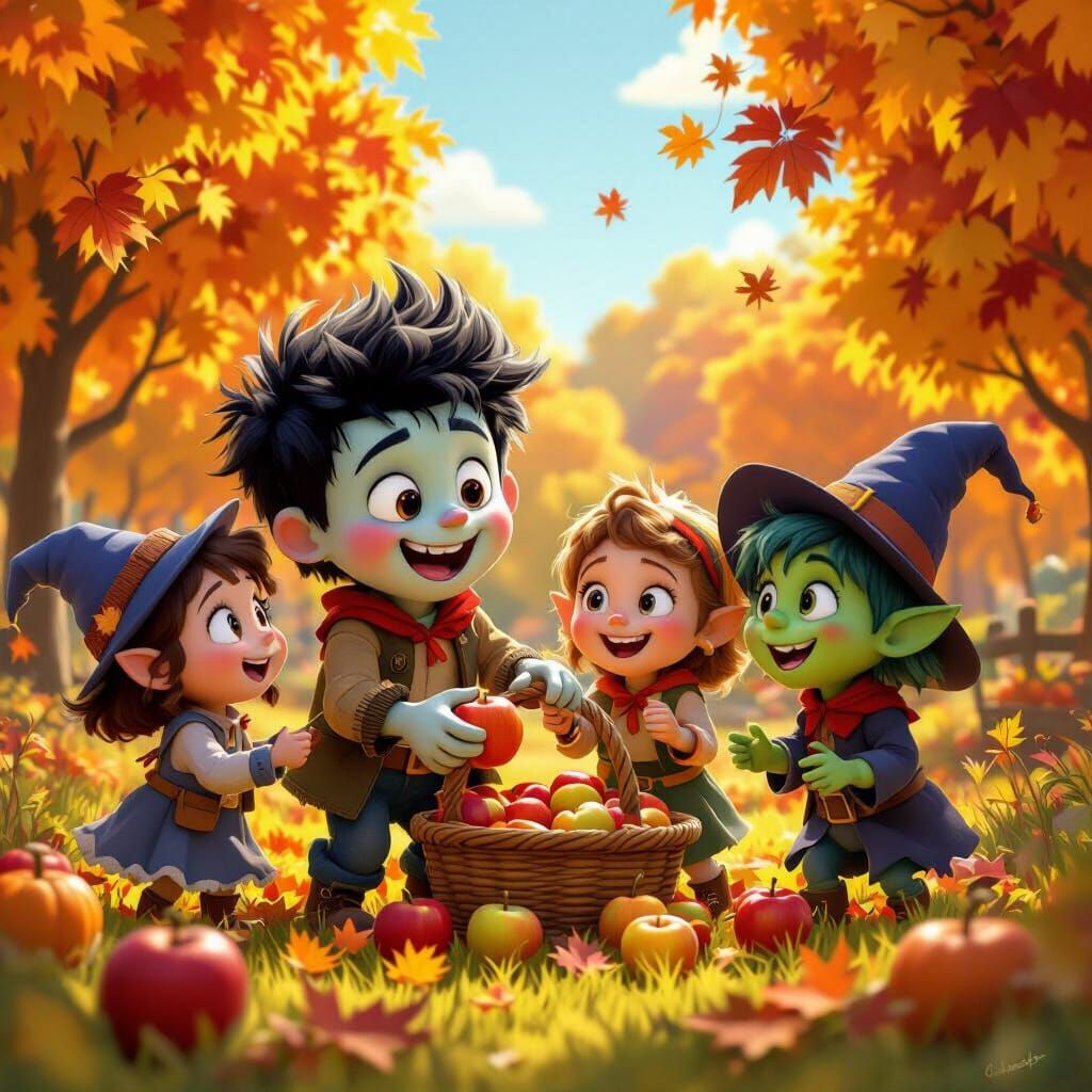 Monsters Picking Apples in Pixar Style