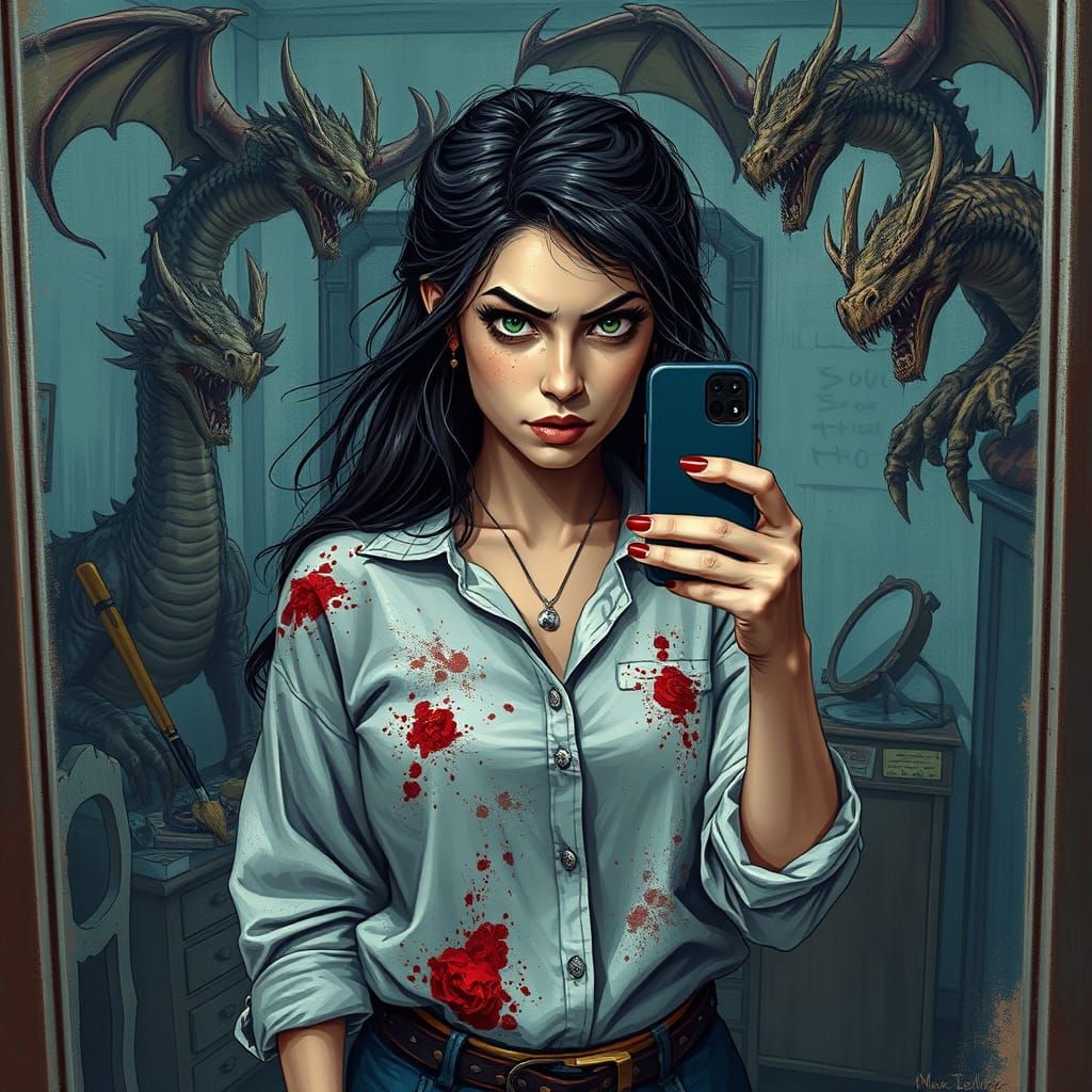 Italian Woman's Dragon Fantasy Mirror Selfie