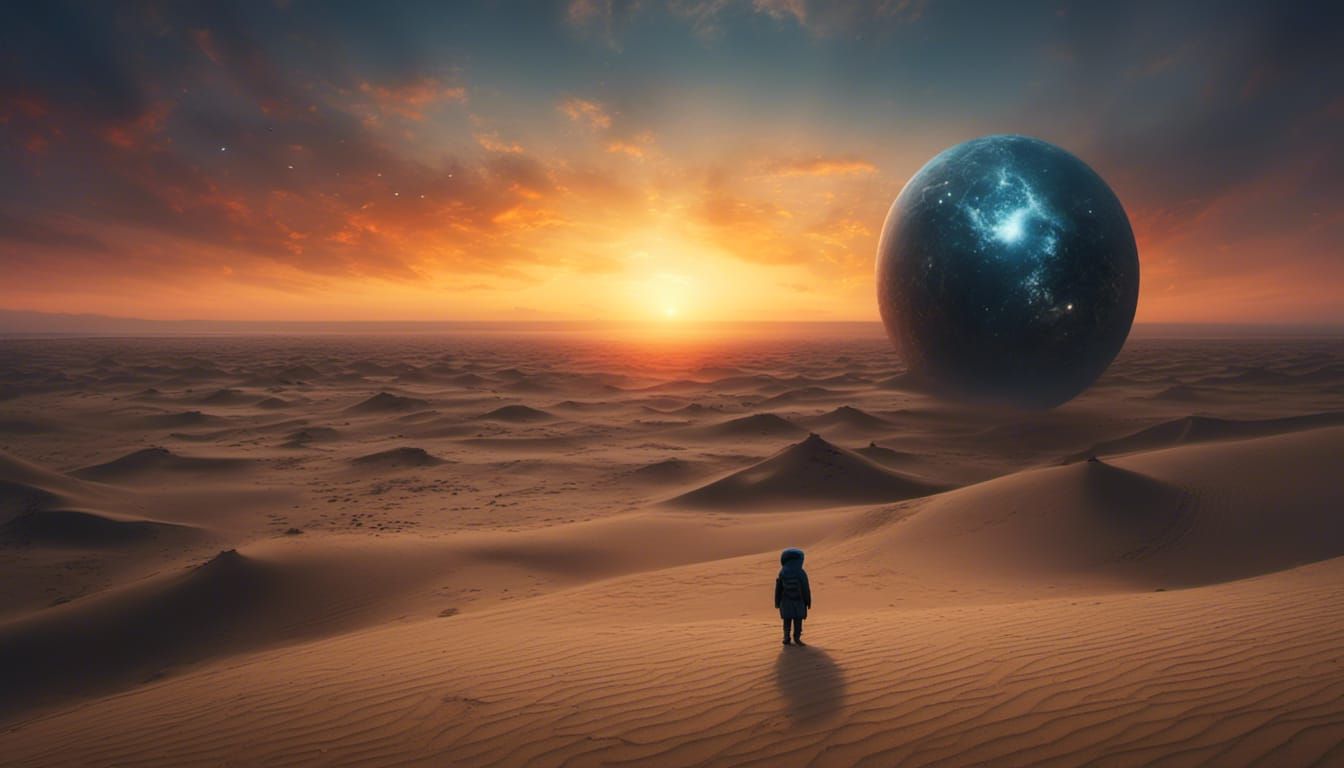 Hooded Figure Observes Twin Sunrise on Desert Planet