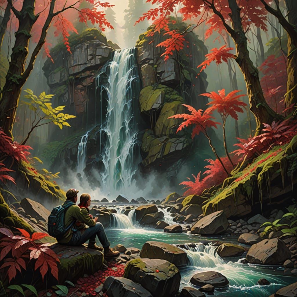 Vibrant Oil Painting of Two Travelers by a Ruby Waterfall