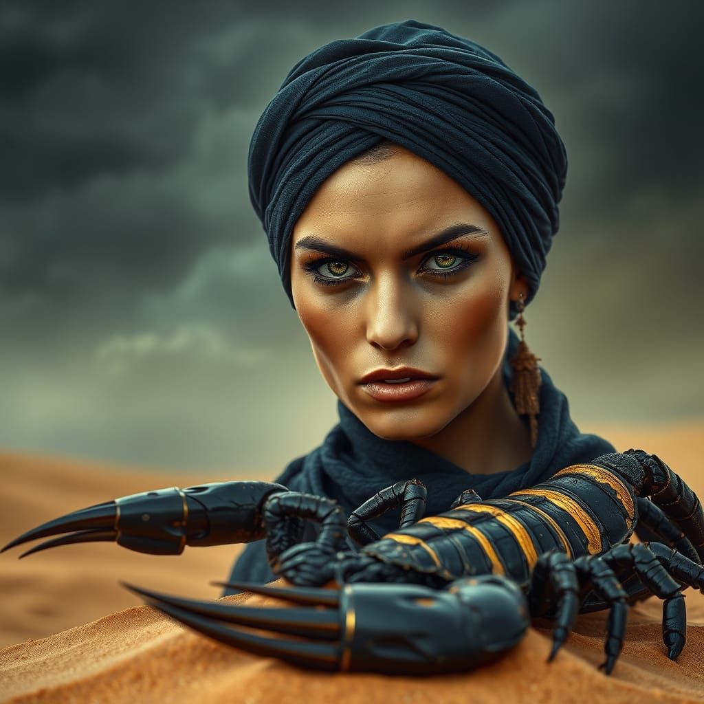 Nomad Woman and Scorpion in Desert Sandstorm