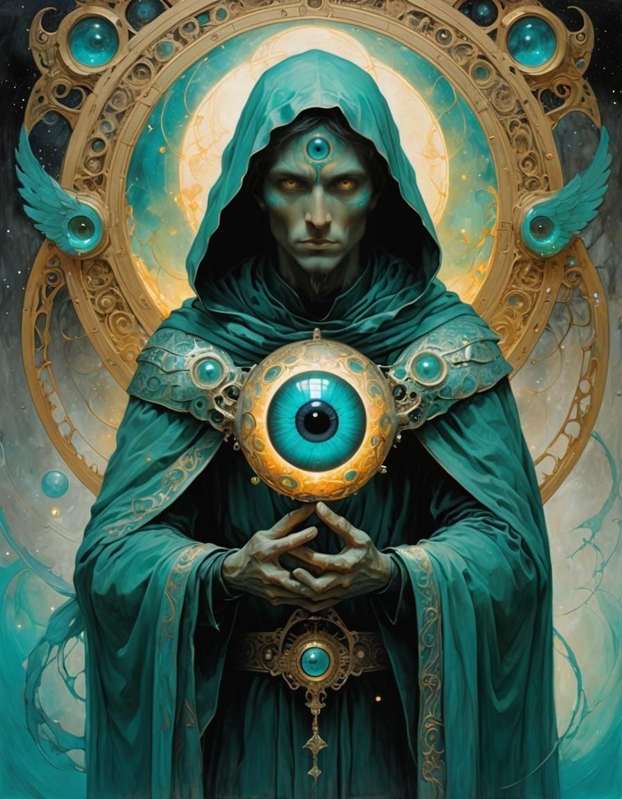 Angelic Guardian with Teal Orb in Beksinski Style