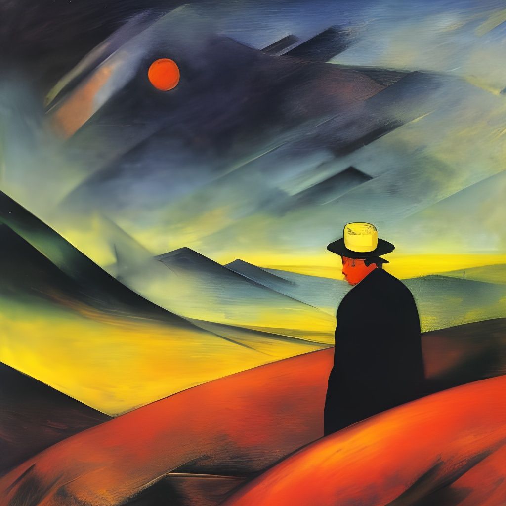 Vibrant Geometric Wanderer Above Misty Landscape