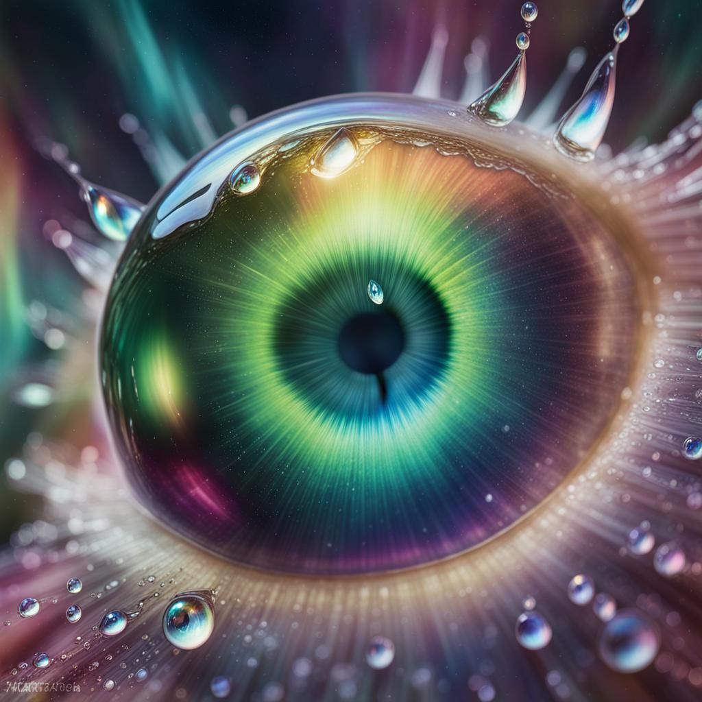 Iridescent Eye in Dew Drop Nebula: Hyperrealistic Art
