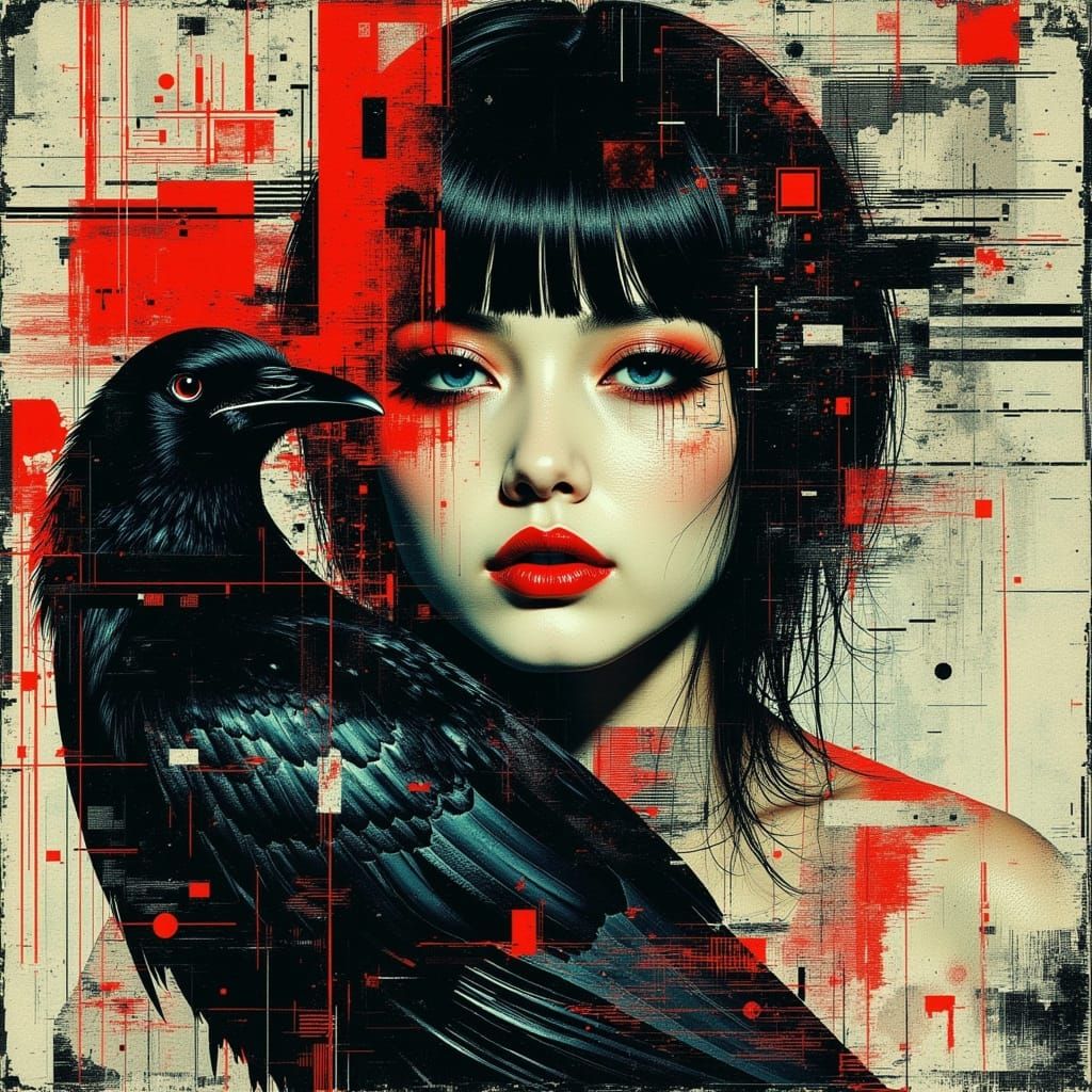 Glitch Art Portrait of Woman with Crow