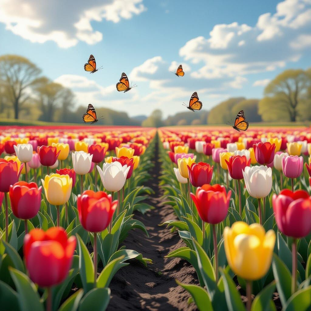 Vibrant Tulip Fields with Butterflies in Golden Hour Glow