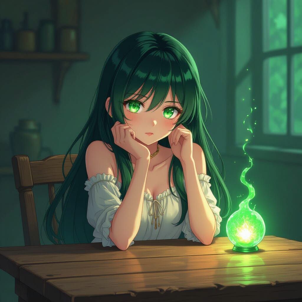 Anime Girl with Emerald Eyes Beside Rustic Table