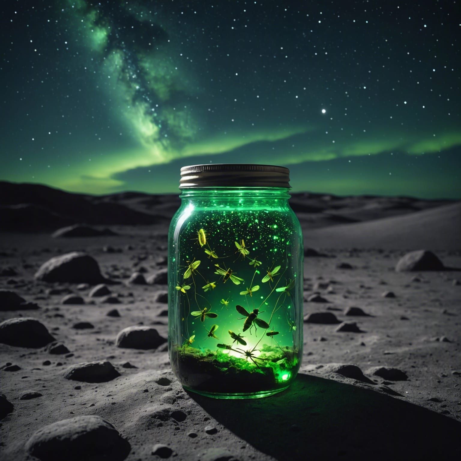 Fireflies in Jar on Moon with Starry Sky