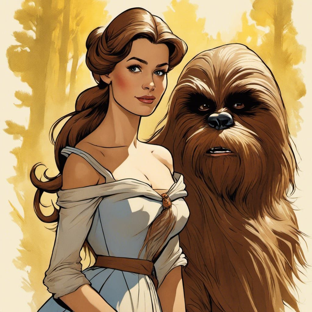 Belle and Chewbacca Portrait in Graphic Novel Style