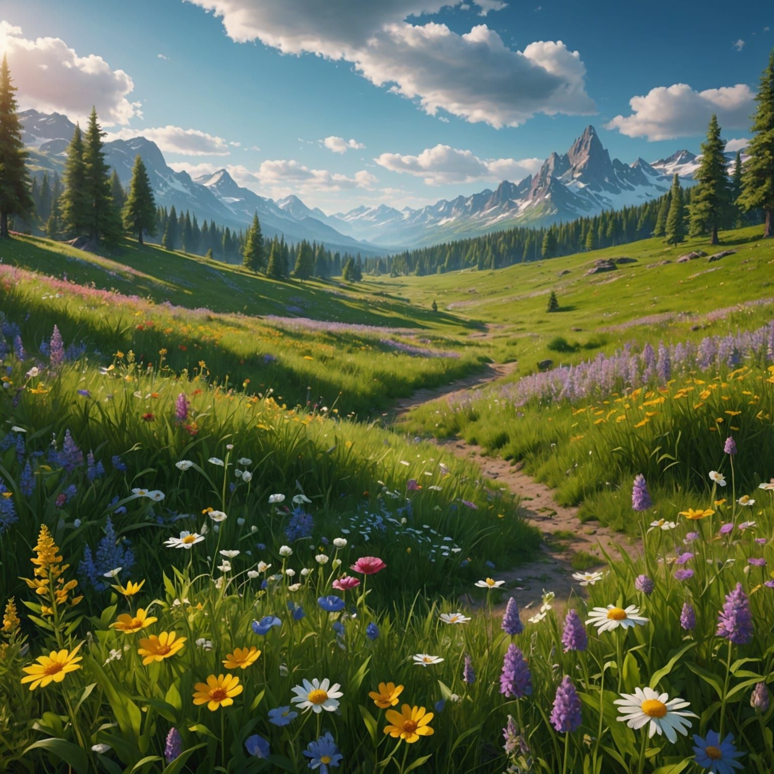 Lush Green Meadow with Wildflowers: Fantasy Concept Art