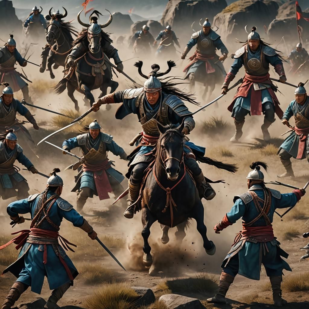 Mongolian Warriors in Ancient Battle, Detailed Matte Paintin...