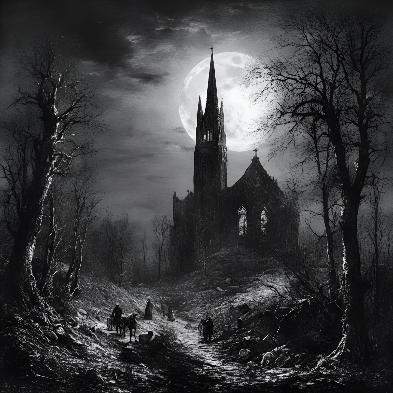 Ruined Gothic Church Under Moonlight