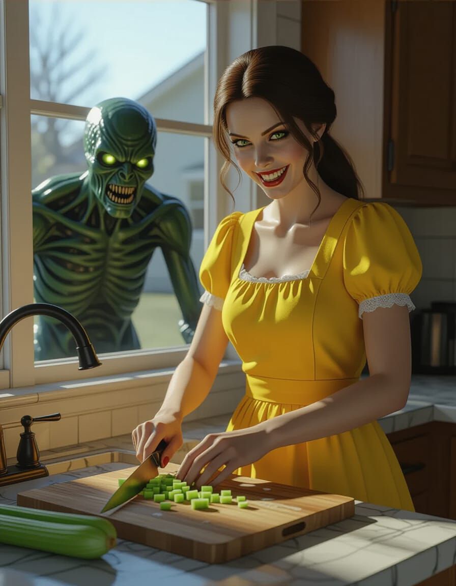Eerie Woman Chopping Celery, Hyper-Realistic 8K