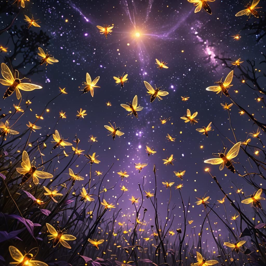 Fireflies Dance in Starry Dark Fantasy Landscape