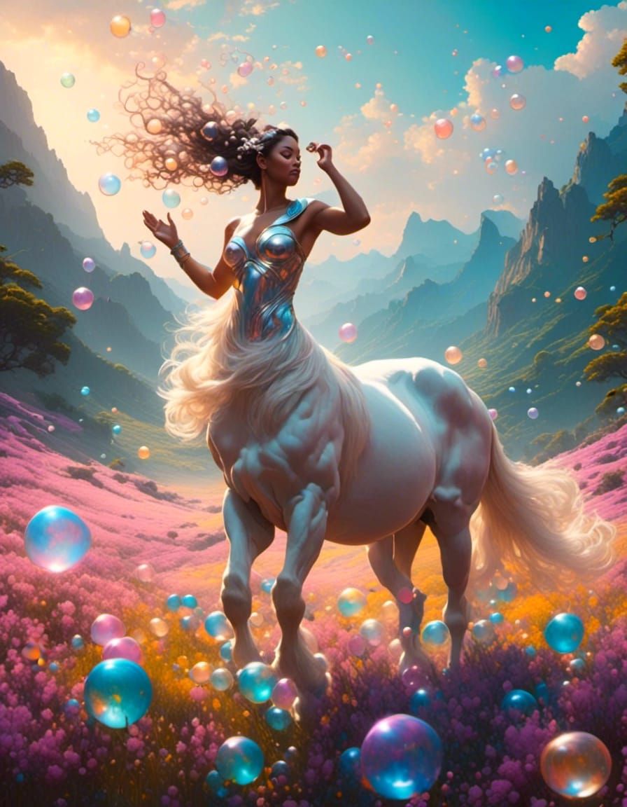 Graceful Centaur Blowing Bubbles in Sunlit Meadow