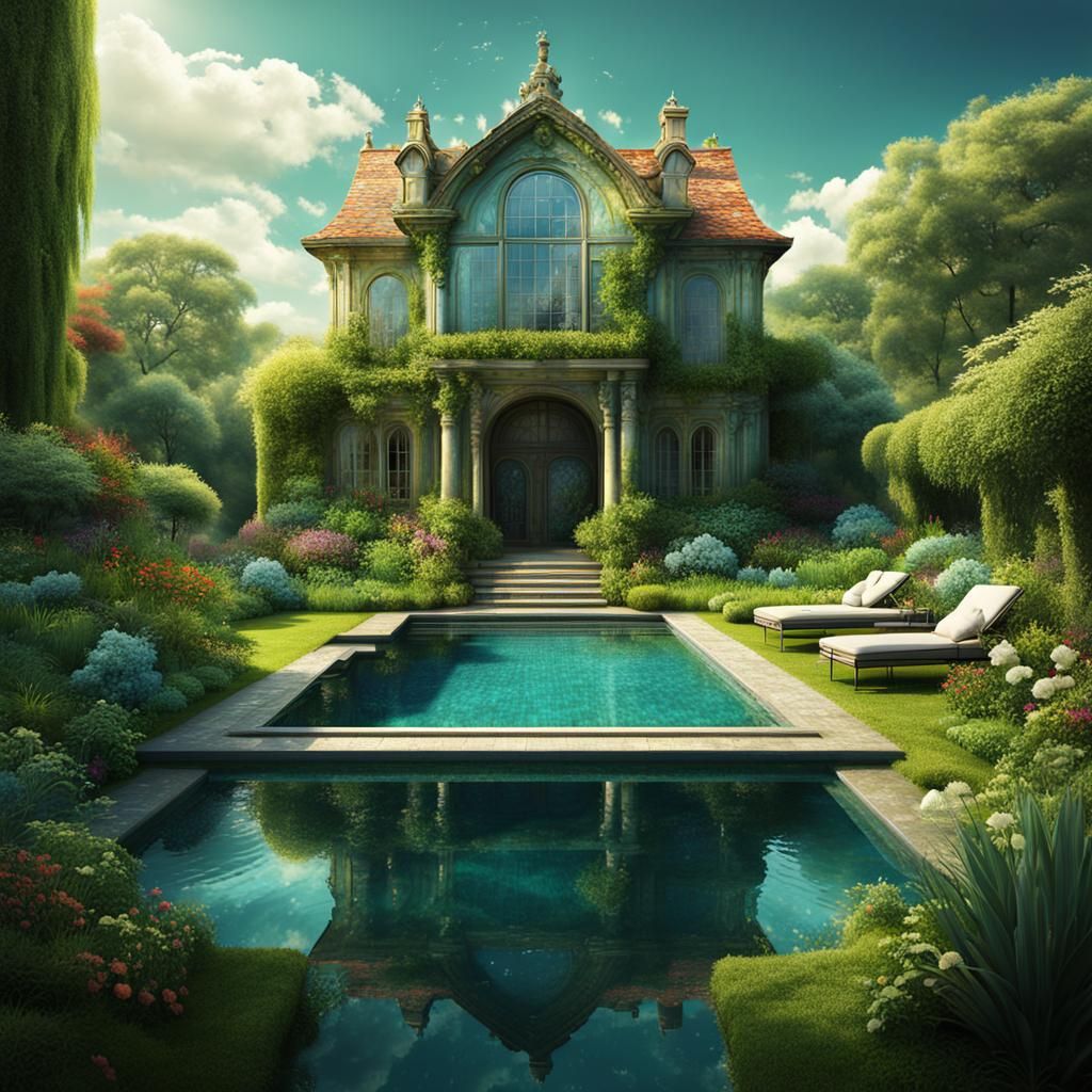 Fantasy House, Garden, and Pool in Abstract Style