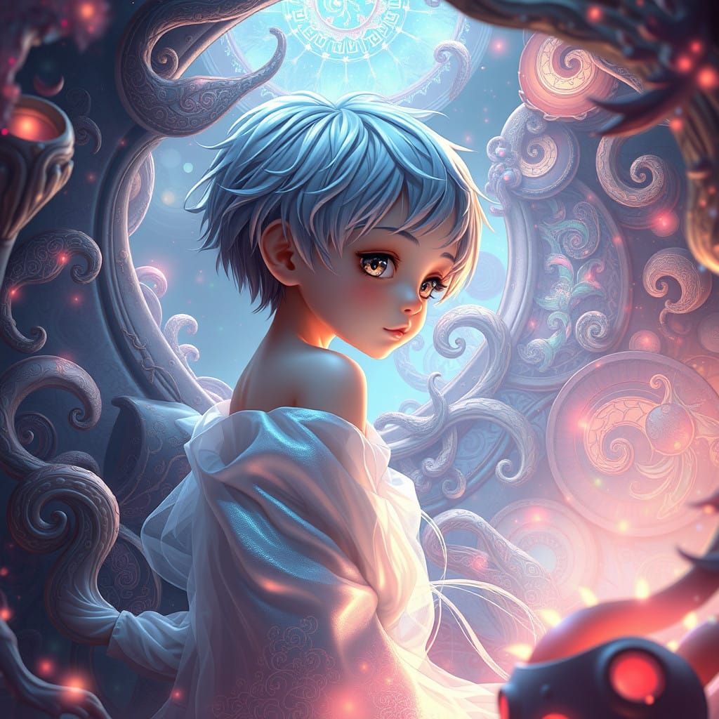 Gentle, Androgynous Youth in Dreamlike Japanese Anime Settin...