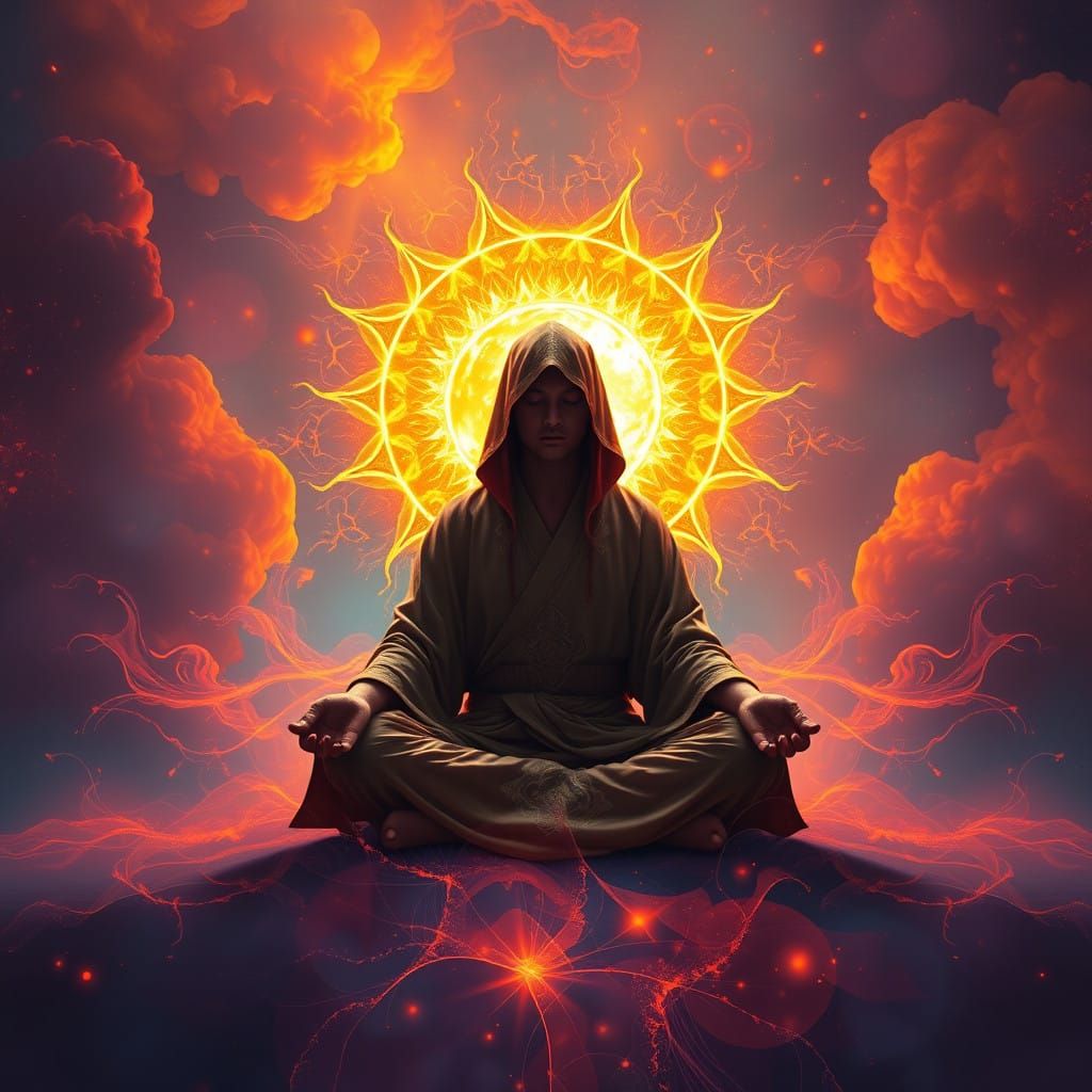Contemplative Figure Meditates on Glowing Sun Blueprint in V...