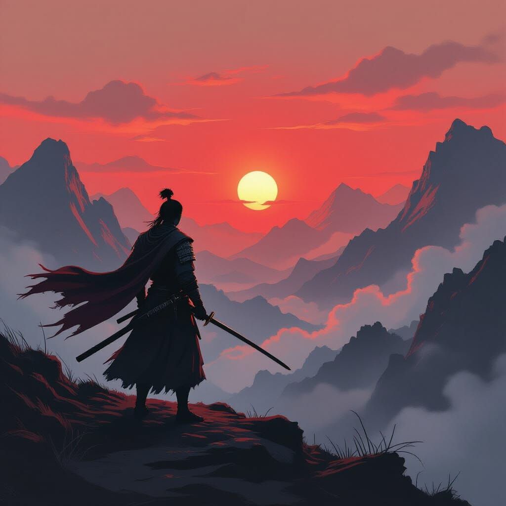 Samurai Warrior at Sunset on Mountain Pass