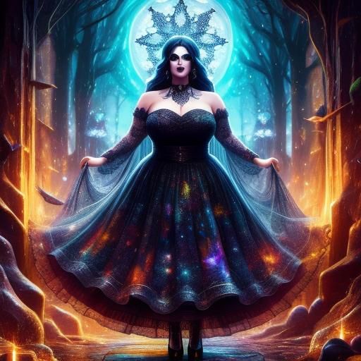 Heavily Tattooed Plus-Size Goth Woman in Alcohol Ink Style